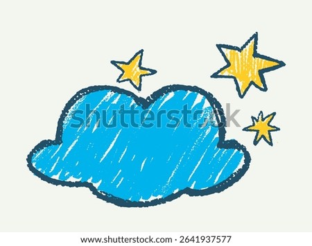 Hand-drawn blue cloud with yellow stars in crayon scribble style on light background, representing dreamy or night sky concept. Vector illustration