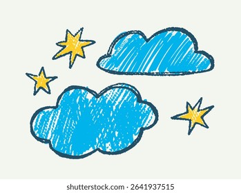 Hand-drawn blue clouds and yellow stars with a crayon style on a light background, representing a dreamy or night sky theme. Vector illustration