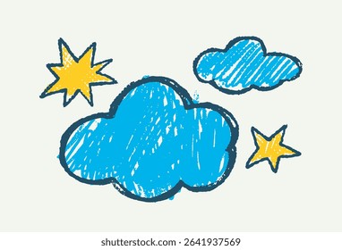 Hand-drawn blue clouds and yellow stars in crayon style on a light background, conveying a playful, dreamy, and imaginative concept. Vector illustration