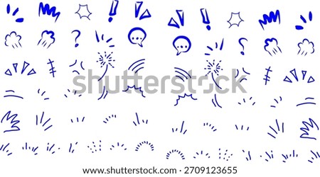 Hand-drawn blue comic motion and emotion doodles featuring exclamation marks, question marks, bursts, lines, and expressive accents for dynamic cartoon designs
