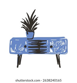 A hand-drawn blue console table featuring a plant, designed to add modern decor to any living space. Perfect for interior designs and home styling.