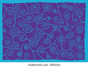 Hand-drawn blue curls on a purple background