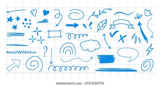 Hand-drawn blue doodle elements on grid paper background