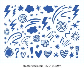 Hand-drawn blue doodle elements on grid paper background pattern