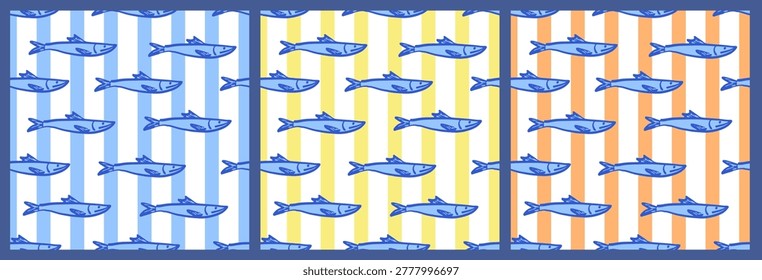 Hand-drawn blue fish illustrations set on blue, yellow, and orange striped panels evoke a nautical, Mediterranean ambiance.