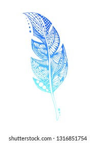 Hand-drawn blue gradient feather with doodle patterns on isolated . Hand draw illustration.