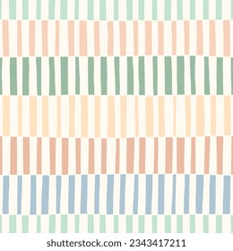 Hand-Drawn Blue, Green. Pink and White Geometric Stripes Vector Seamless Pattern. Modern Retro Palyful Print. Organic Square Shapes