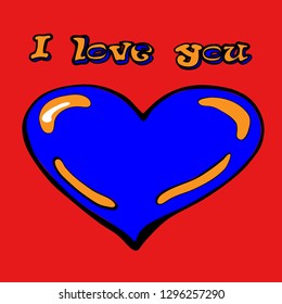 hand-drawn blue heart on a red background with the phrase i love you
