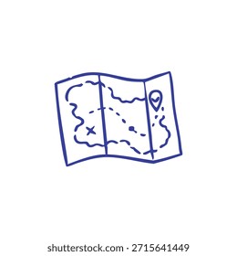 Eine handgezeichnete blaue Karte zeigt Navigationsmarkierungen und -linien auf weißem Hintergrund an