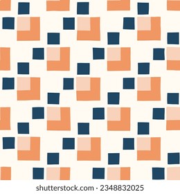 Hand-Drawn Blue, Orange and Pink Geometric Checks Vector Seamless Pattern. Modern Retro Palyful Print. Organic Square Shapes