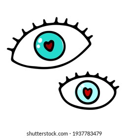 Hand-drawn blue outline eye with eyelashes isolated on white background. Loving look with a heart shaped pupil. Symbol of love, romance, Valentines Day, wedding, feelings. Vector doodle illustration