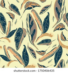 Hand-drawn blue palm leaves on cream, light yellow color background. Seamless vector floral pattern. Square repeating design for fabric and wallpaper.