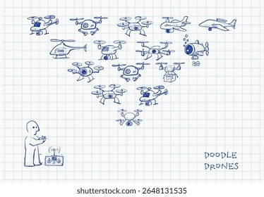 Hand-drawn with blue pen doodle vector scene of a person controlling a diverse fleet of  drones flying in formation on graph paper background.