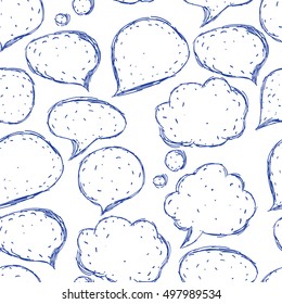 Hand-drawn blue pen speech bubbles blank. Seamless pattern. Vector illustration. White on a white background.