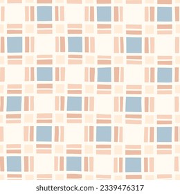 Hand-Drawn Blue and Pink Geometric Checks Vector Seamless Pattern. Modern Retro Palyful Print. Organic Square Shapes