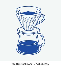 Hand-Drawn Blue Pour Over Coffee Dripper and Server Vector Illustration