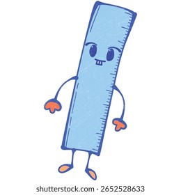 Hand-drawn blue ruler doodle vector illustration, crayon and colored pencil textured cartoon art, playful school measurement tool, isolated on white