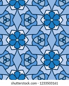 Hand-drawn blue seamless vector pattern with flowers, trefoil knots and rhombs. 