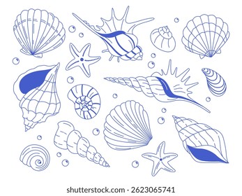 Conchas azuis desenhadas à mão e estrelas-do-mar em um fundo branco. Elementos decorativos marinhos para desenhos de verão.