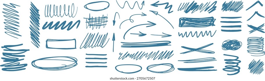 Hand-drawn blue sketch marks and arrows for creative design. Scribbles, strokes, and doodle shapes ideal for notes and highlights. Dynamic marker-style elements for modern artwork.