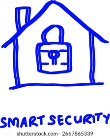 Icono de seguridad inteligente azul dibujado a mano que muestra una casa con un candado, que simboliza la protección del hogar, la seguridad y las soluciones de seguridad digital modernas.