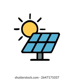 Hand-Drawn Blue Solar Panel Icon with Yellow Sun and Black Outline on White Background