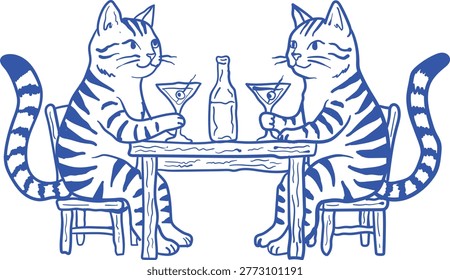 Hand-drawn blue of two tabby cats sitting at a wooden table, drinking martinis with olives from a glass bottle