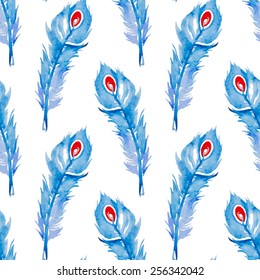 Hand-drawn blue watercolor feather pattern. Painted vector seamless texture background.