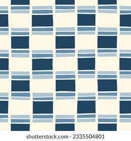 Patrón transparente del vector de cheques geométricos blancos y azules dibujados a mano. Impresión Retro Paliosa Moderna. Formas cuadradas orgánicas