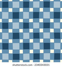 Hand-Drawn Blue and White Geometric Checks Vector Seamless Pattern. Modern Retro Palyful Print. Organic Square Shapes