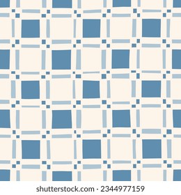 Hand-Drawn Blue and White Geometric Checks Vector Seamless Pattern. Modern Retro Palyful Print. Organic Square Shapes