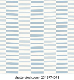 Hand-Drawn Blue and White Geometric Stripes Vector Seamless Pattern. Modern Retro Palyful Print. Organic Square Shapes