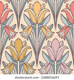 Hand-drawn Bluebell flowers. Seamless vector pattern in pastel yellow, red, pink colors. Botanical print for textile, fabric, packaging. Modern abstract symmetrical floral background