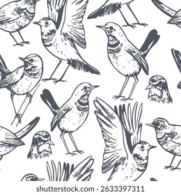 Hand-drawn bluethroat bird ( Luscinia svecica ).  Vector seamless pattern.