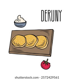 Hand-drawn board of deruny with sour cream and tomato. Traditional Ukrainian dishes, vector illustration for cookbook or menu, packaging, stickers, advertising. Ukrainian food. Vector line drawing