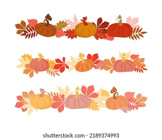 Hand-drawn boarder with pumpkins and autumn leaves. Gradient from bright colors to pastels. Autumn. Tree leaves. Vegetable decor element. Simple vector illustration.