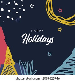 Hand-drawn bohemian abstract background for social media post template with tree, floral elements