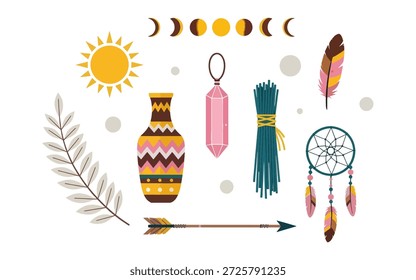 Coleção boêmia desenhada à mão com fases da lua, dreamcatcher, cristal mágico e vaso tribal.