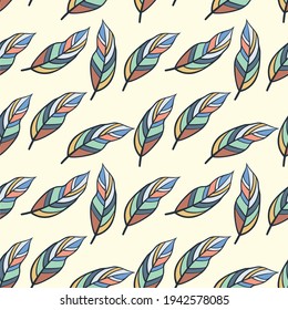 Hand-drawn Boho style feathers, seamless background. Hippie style. Suitable for the design of fabrics, wallpaper, backdrops, wrappers, etc.