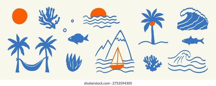 Hand-drawn boho summer icon set.Doodle naive coastal elements: sun, coral, sunset waves, palm trees, hammock, fish, mountains, sailboat, coconuts, curling ocean waves.Retro tropical summer beach label, surf prints, or vignetting. Vector art.
