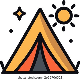 Handdrawn Bold Outline Camping Tent With Sun And Star Decoration Icon