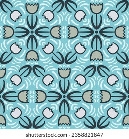 Handdrawn bold simple tulip mandala vintage blue grey black M