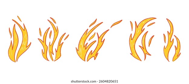 Hand-drawn bonfire with doodle flames and smoke. Retro campfire silhouette in vintage tattoo style. Flat vector illustration isolated on white background.