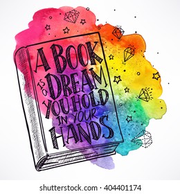 hand-drawn book with the quote on the cover on a watercolor background