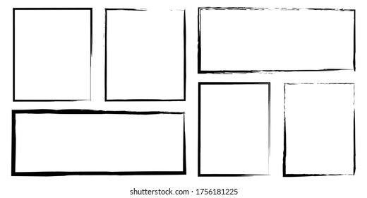 Hand-drawn border frame vector. Black brush-drawn flat rectangles. Rough scratched scribble paint on a white background.