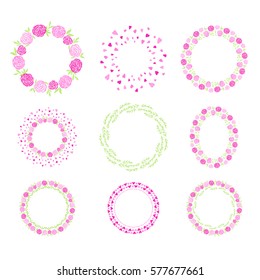 Handdrawn border, wreath, garland set with heart, flower for Valentines Day and wedding greeting cards, posters. Vector icon.