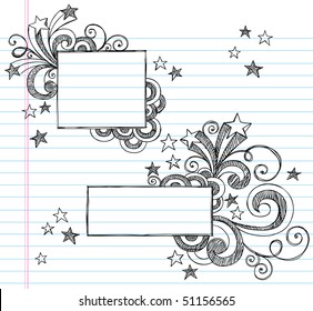 Hand-Drawn Borders with Stars and Swirls Sketchy Notebook Doodles Vector Illustration on Lined Sketchbook Paper Background