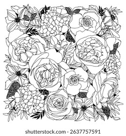 Hand-drawn botanical coloring page for adults. Gorgeous floral pattern with peonies, roses, and more. Black and white anti-stress art for creativity and relaxation.