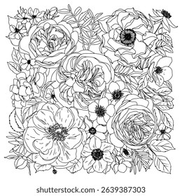Hand-drawn botanical coloring page for adults. Gorgeous floral pattern with peonies, roses, and more. Black and white anti-stress art for creativity and relaxation.