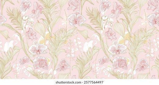 hand-drawn botanical design featuring delicate flowers, leaves, and ferns in soft pastel tones on a neutral background, perfect for various artistic and decorative uses.